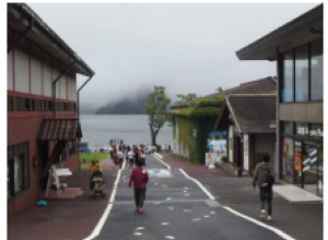 多くの店が立ち並び、遠くに芦ノ湖が見える大通りを散策しています。